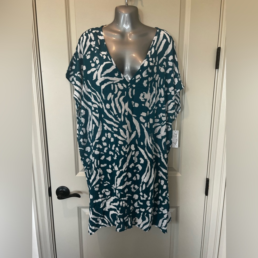 Anne Cole NWT Teal and White Swim Coverup Beach Pool Size M / L Caftan